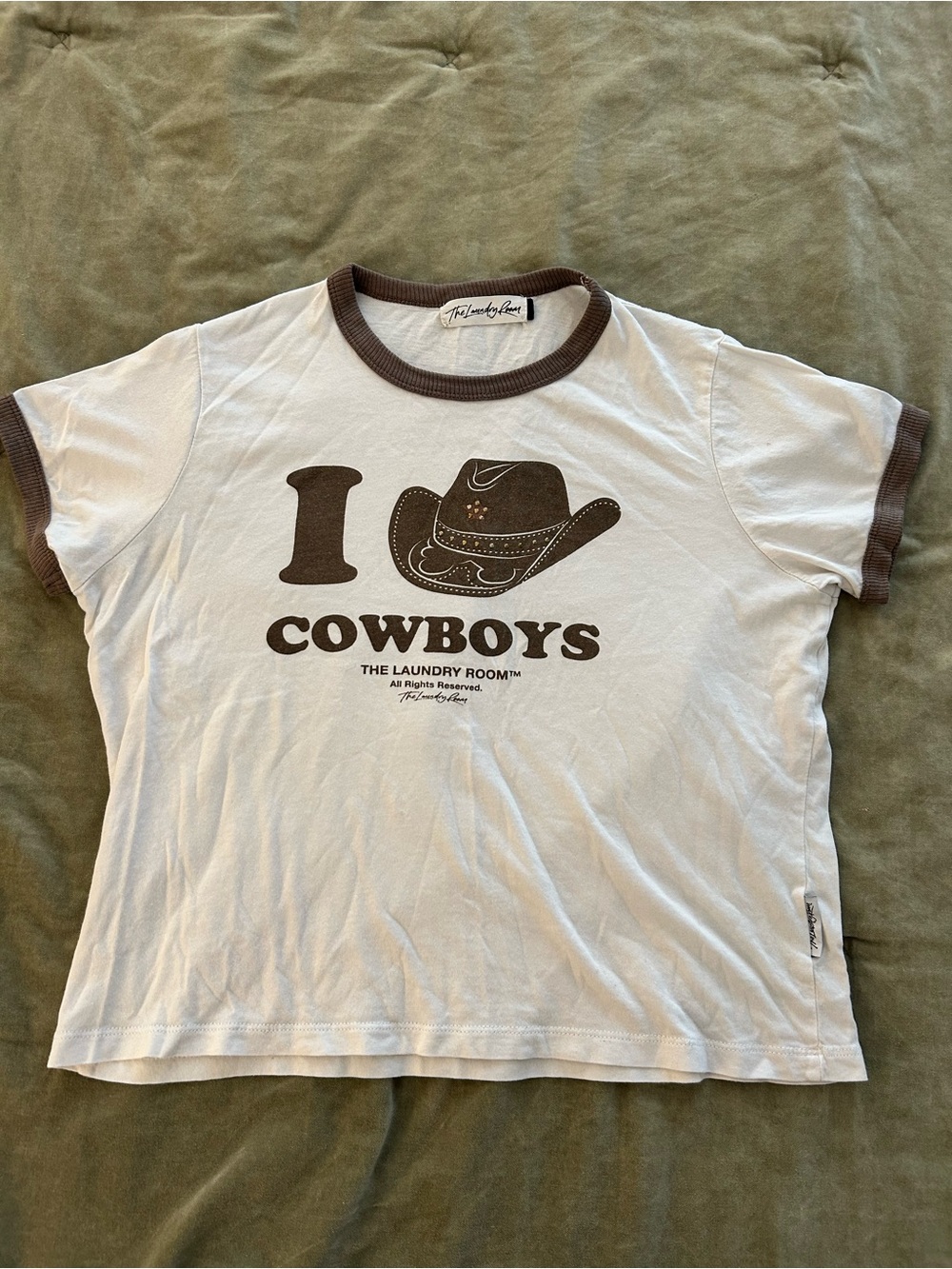 The Laundry Room White Tee with Brown Ringer & Cowboy Graphic